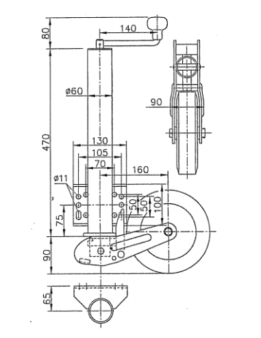 Plan avec cote Roue Jockey Automatique Ø 60