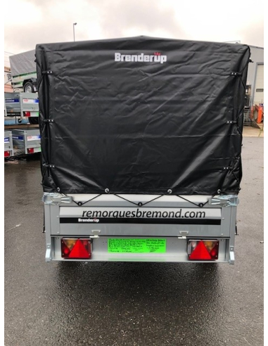 Le pack comprend la remorque BREDERUP 1205S, la bâche haute de 80 cm et la roue jockey