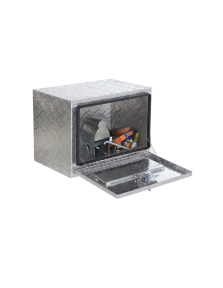 Coffre de rangement sous châssis en Aluminium - 120 L + 2 chaînettes (demi-ouverture)